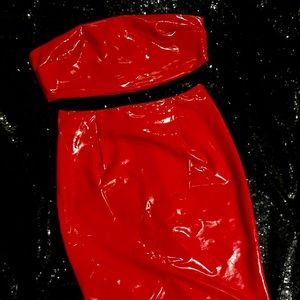 Tic:Toc (Dolls Kill) Red Vinyl Two Piece Skirt And Bandeau Set